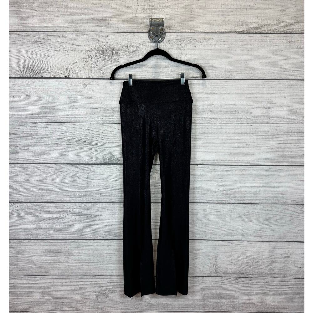 Mono B Women's Black Shiny Coasted Slit Flare Leg Active Pants Size Small